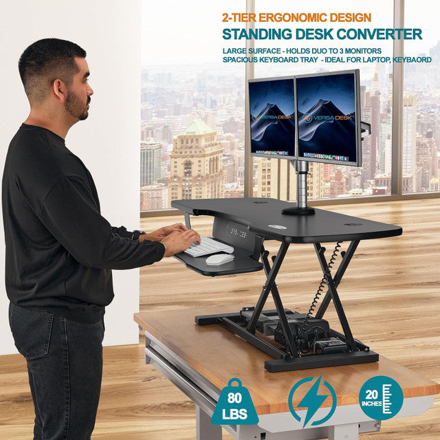 PowerPro® Elite Smart Sit To Stand Desk Converter With USB Charging Plug, Memory Setting and App Controllable