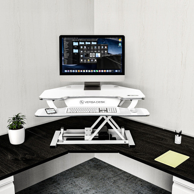 PowerPro® Elite Corner Sit To Stand Electric Desk Converter With USB Charging Plug, Memory Setting And App Controllable