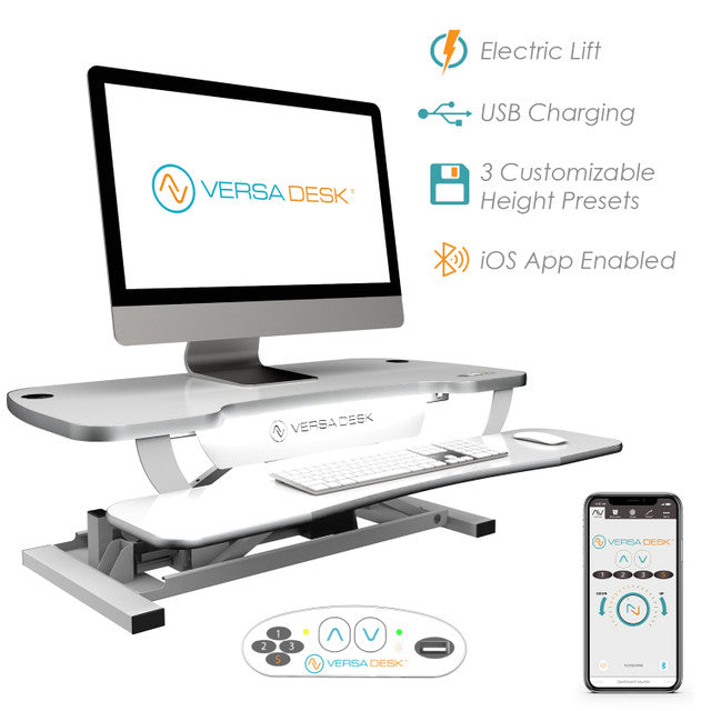 PowerPro® Elite Smart Sit To Stand Desk Converter With USB Charging Plug, Memory Setting and App Controllable