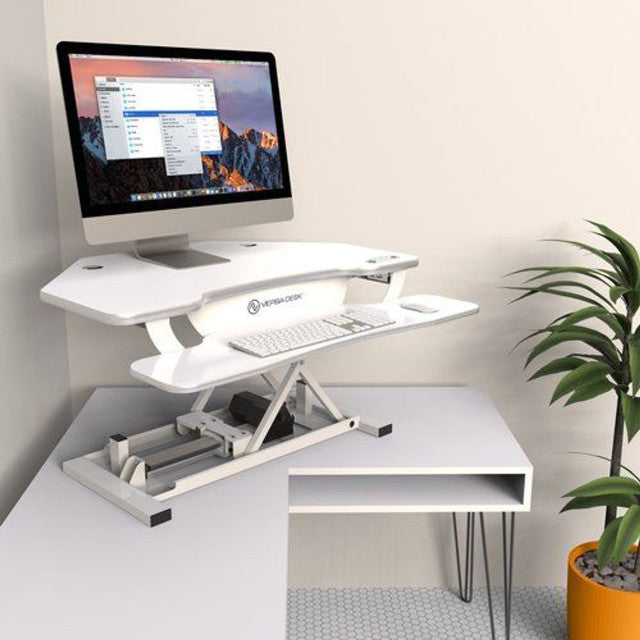 PowerPro® Elite Corner Sit To Stand Electric Desk Converter With USB Charging Plug, Memory Setting And App Controllable