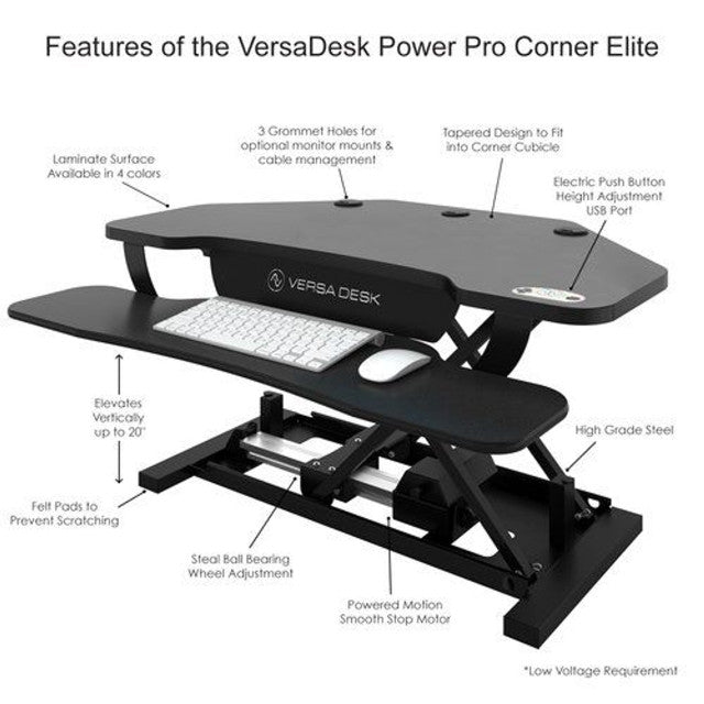 PowerPro® Elite Corner Sit To Stand Electric Desk Converter With USB Charging Plug, Memory Setting And App Controllable