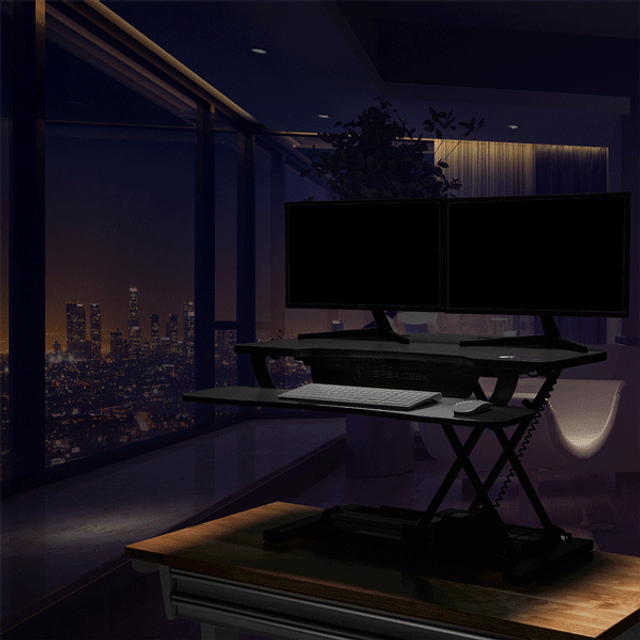 PowerPro® Elite Corner Sit To Stand Electric Desk Converter With USB Charging Plug, Memory Setting And App Controllable